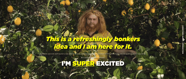 Person with long, curly, reddish hair and beard standing in a lemon orchard with ripe lemons on the trees.