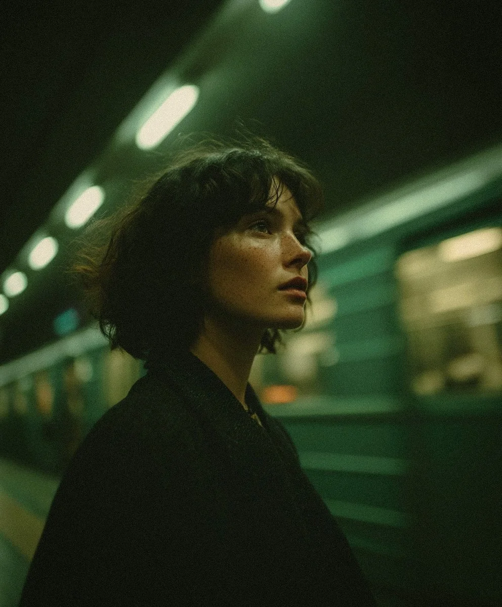 A young woman with short, curly hair and freckles stands in a dimly lit subway station, looking to the side with a contemplative expression.