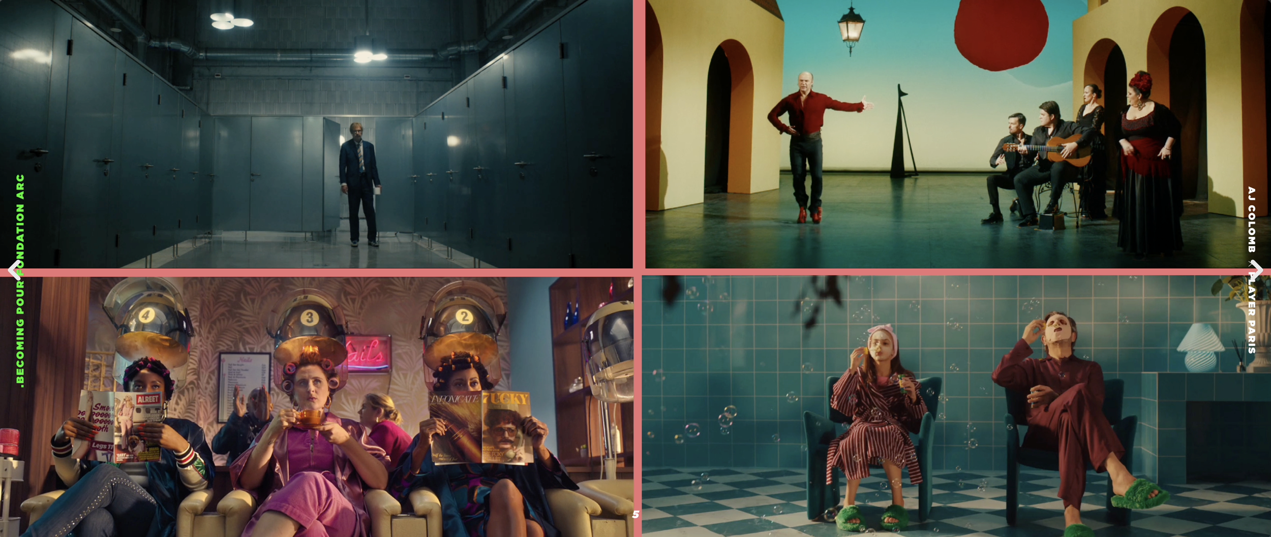 Four scenes from different theatrical productions and locations. Top left: a man in a suit standing alone in a locker room with blue lockers. Top right: a man conducting a group of three musicians and two women on stage with colorful background and a