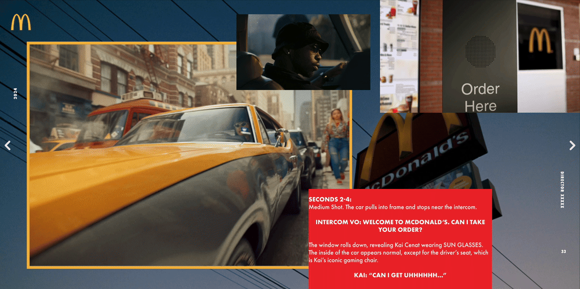 A scene from a movie or TV show featuring a city street with a yellow and black classic car, a woman walking, a storefront with McDonald's signage, and an inset image of a man wearing sunglasses and a baseball cap driving. There are also on-screen te