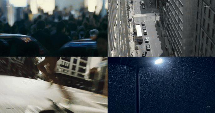 A collage of four images: a crowd of people in an indoor setting, a city street viewed from above with cars, blurred city traffic scene, and a street lamp at night with falling snow.