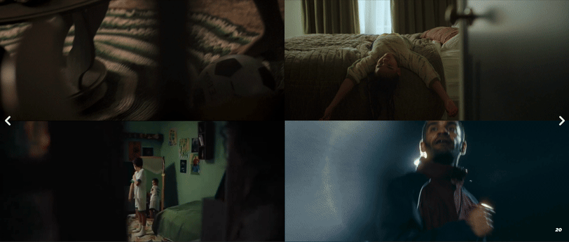 A collage of four images: close-up of feet and a small object on a striped fabric; a person lying stretched on a bed in a dimly lit room; children standing in a bedroom near a bed with a green wall; and a man in a dark outdoor setting at night, illum