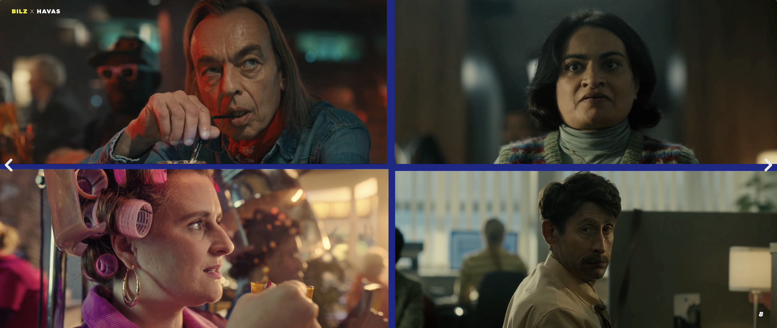 Compilation of four scenes from a television show or movie, featuring diverse characters: an older man with long hair drinking through a straw in a bar, a woman with dark hair and a sweater looking surprised or concerned, a woman with curlers in her