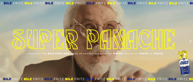 A promotional poster for a treatment called Super Panache by Bilz Fritz, featuring an elderly man with glasses and white hair, with a bright, colorful background.