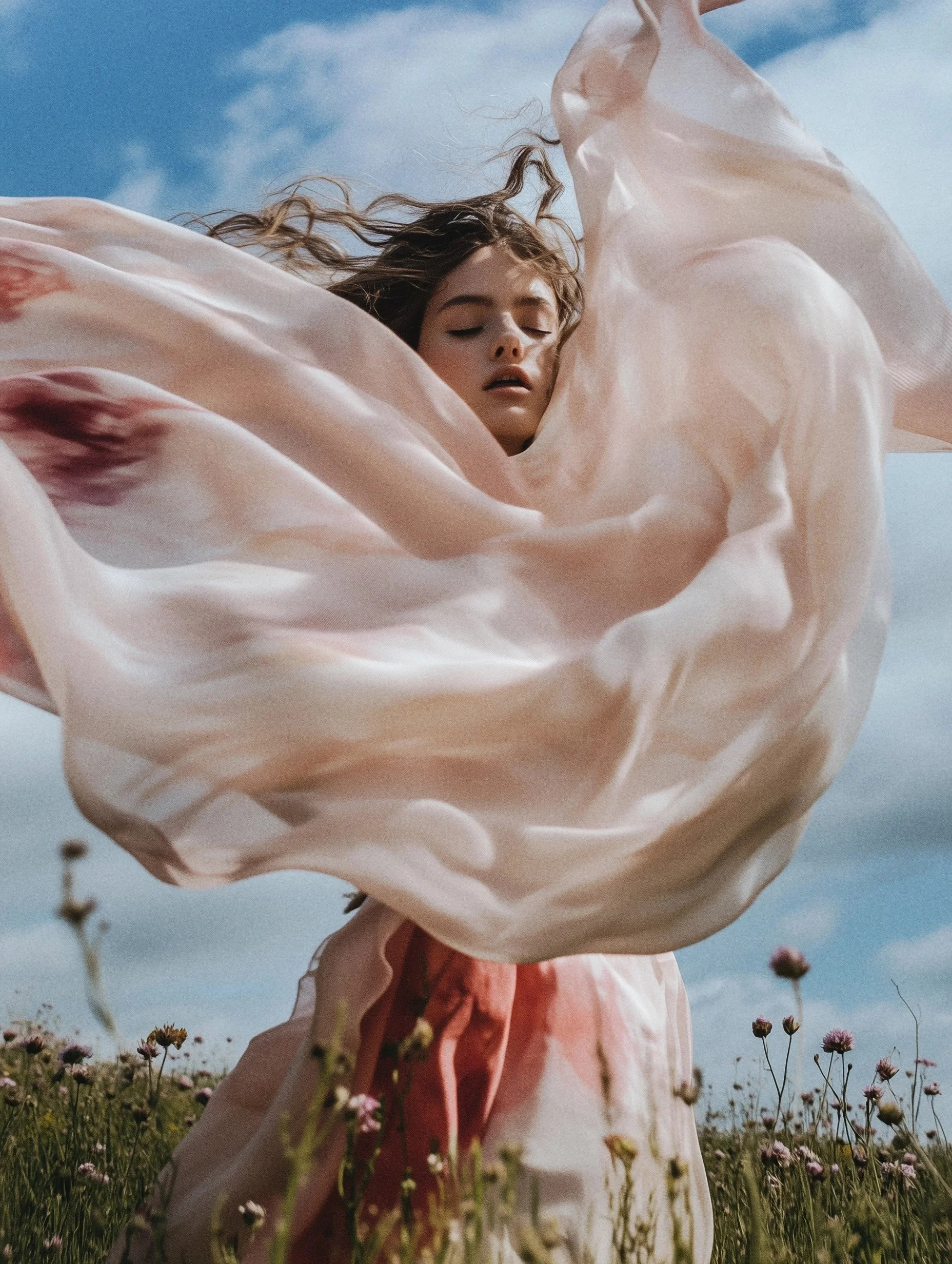 A young woman standing in a field of flowers with a flowing, semi-transparent dress that billows in the wind. She has closed eyes and a serene expression, and the sky behind her is partly cloudy.