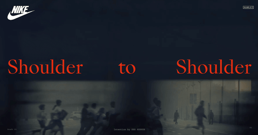 A dark promotional graphic featuring the Nike logo and the phrase 'Shoulder to Shoulder' in bold red letters, with a blurred background of people running outdoors.