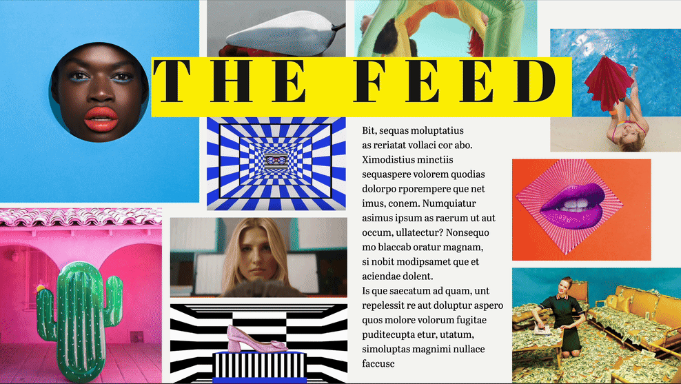A colorful collage featuring a woman with dark skin and red lipstick, a white boat, an inflatable rainbow slide, a woman in a swimsuit diving, a pink cactus, a geometric purple lips illustration, a woman sitting on a colorful couch, a blue and white