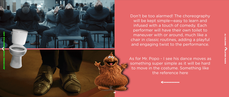 The top part of the image shows a group of people sitting in chairs in a dark setting, facing away from the camera. The bottom part contains a white toilet on the left, a close-up of someone's feet wearing shiny shoes on a wooden floor in the middle,