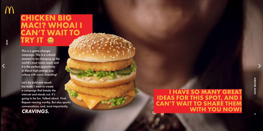 An advertisement for McDonald's features a large fried chicken sandwich with lettuce, pickles, and cheese on a sesame seed bun, along with bold red text about a new chicken Big Mac and sharing ideas.