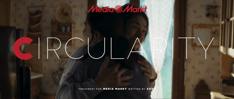 Two women hugging in a cozy kitchen, overlaid with the words 'Media Markt', 'CIRCULARITY', and 'treatment for Media Markt written by XXX'.