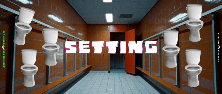 A school bathroom with tiled walls and floor, with the word 'SETTING' in bold pink letters in the center, and pairs of cartoon toilets floating on either side of the hallway.