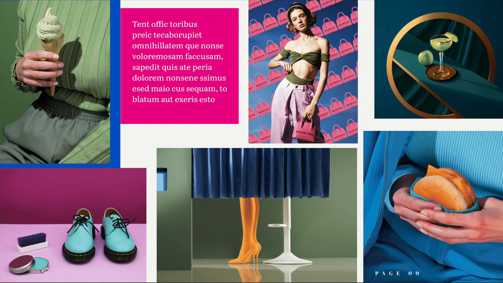 Collage of various colorful images including a person holding an ice cream cone, a woman in trendy fashion posing against a pink background with shopping bags, a cocktail drink and green dessert, a pair of blue shoes with shoe brush and compact mirro