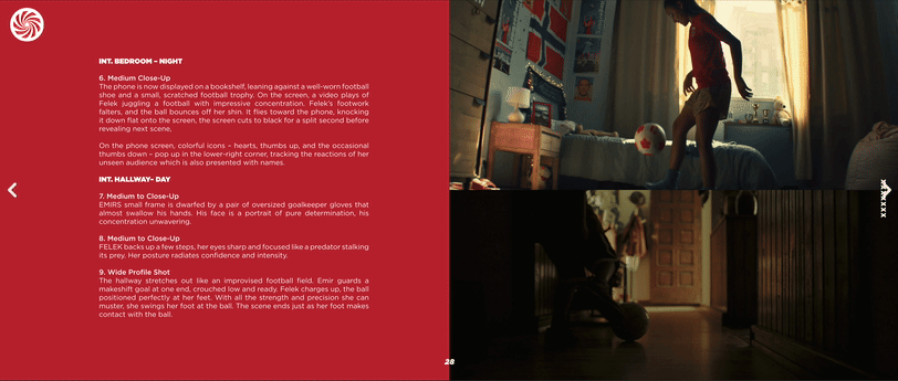 Open book displaying the indoor nighttime scene of a child playing soccer in their room, with a bed, chair, and window with curtains visible.