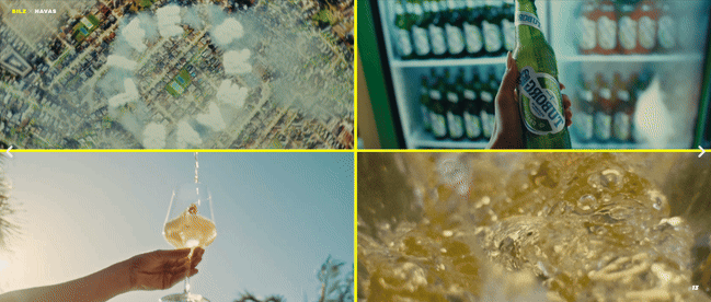 A map view, a hand holding a beer bottle in front of a refrigerated display, a hand holding a glass of beer against a blue sky, and a close-up of bubbling beer inside a glass.