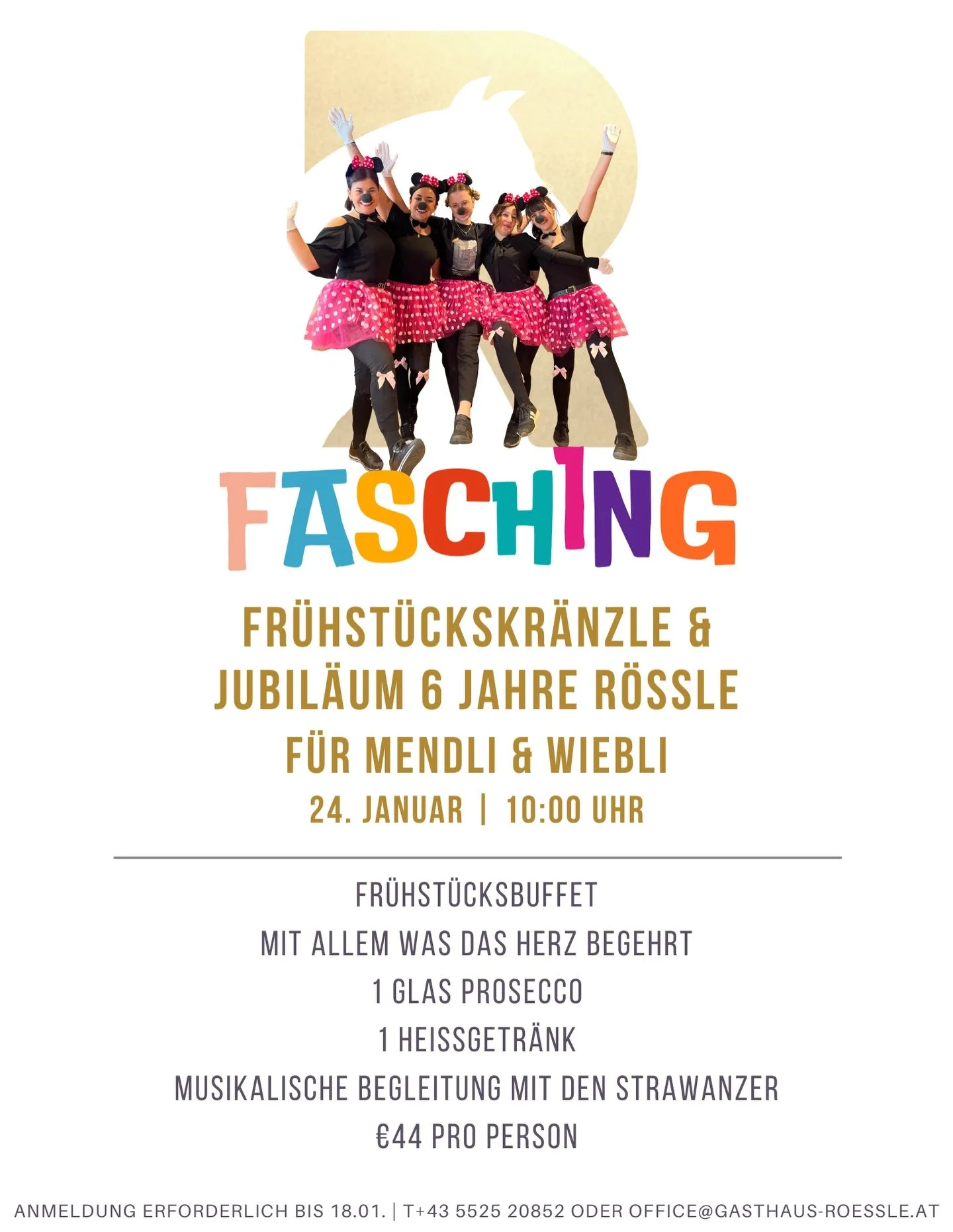 Faschingskr&auml;nzle im R&ouml;ssle &amp; 6 Jahre R&ouml;ssle! 🥂🎭
Feiert mit uns unser Jubil&auml;um beim legend&auml;ren Faschings-Fr&uuml;hst&uuml;ckskr&auml;nzle!
Freut euch auf ein reichhaltiges Fr&uuml;hst&uuml;cksbuffet mit allem, was das He