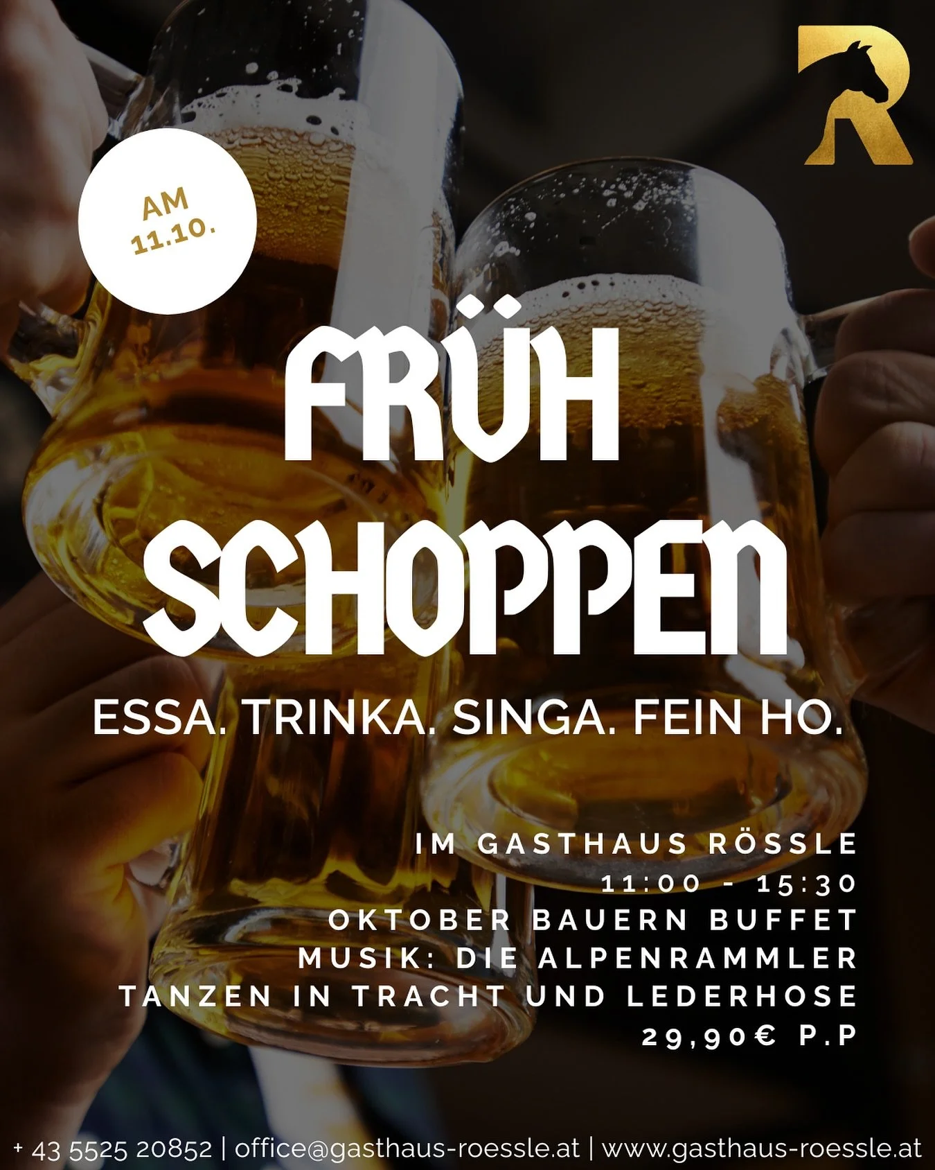 O&rsquo;zapft is im R&ouml;ssle! 🍻🎶
Am 11. Oktober feiern wir ab 11 Uhr unser Fr&uuml;hschoppen-Oktoberfest.

🥨 Deftiges Bauern-Buffet f&uuml;r nur &euro;29,90 p.P. Backhendl, Brezeln, Wei&szlig;w&uuml;rste &amp; vieles mehr!

🎶 Stimmung garantie