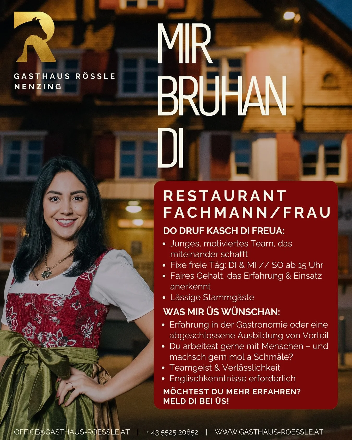 Werde Teil unseres Teams im Gasthaus R&ouml;ssle in Nenzing! ✨

Wir suchen eine/n Restaurantfachmann/-frau in Vollzeit (38h)
Dich erwartet ein junges, motiviertes Team, das zusammenh&auml;lt und Spa&szlig; an der Arbeit hat.

💡 Deine Vorteile bei un