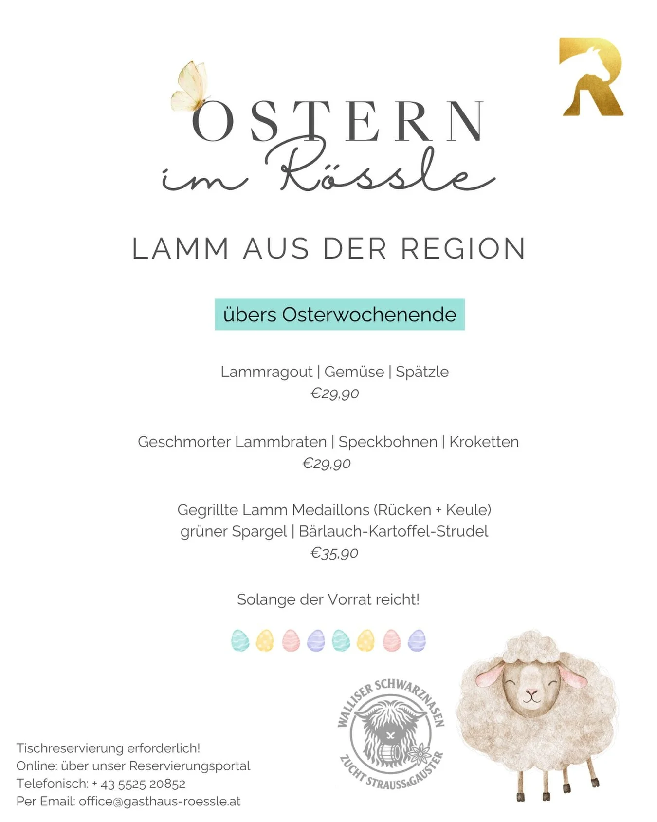 Das Ostermen&uuml; steht - Lamm aus der Region 🐑
Kommt vorbei 📞