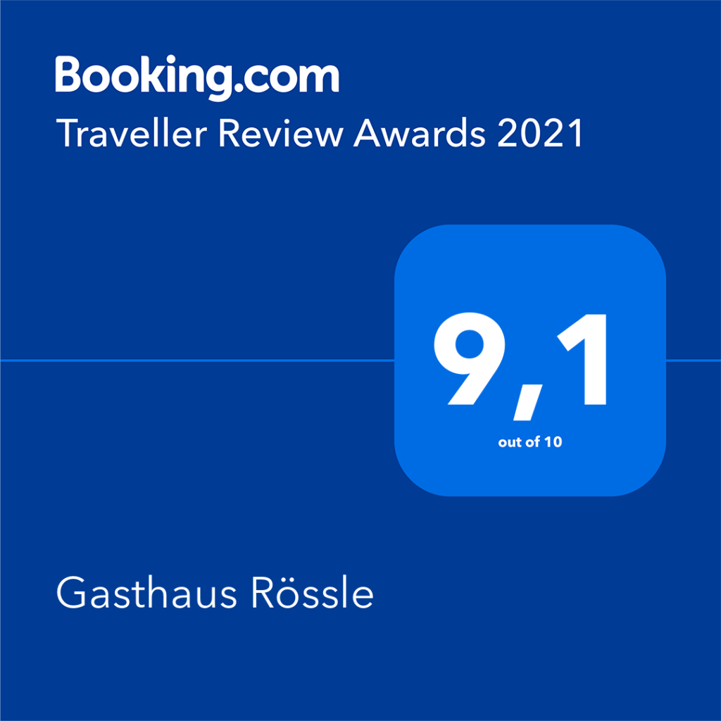 Bewertungsfoto der Unterkunft 'Gasthaus Rössle' mit einer Bewertung von 9,1 von 10, präsentiert auf Booking.com im Jahr 2021.