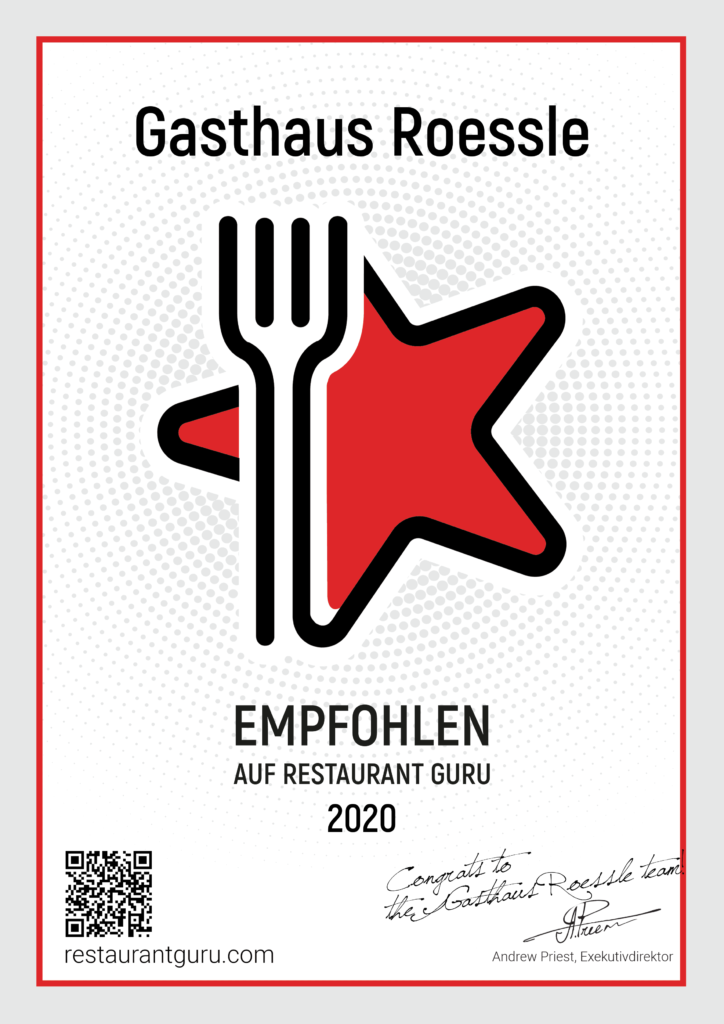 Empfehlungszertifikat für das Restaurant Gasthaus Roessle, 2020, von Restaurant Guru, mit einem Logo eines roten Sterns und einer Gabel.