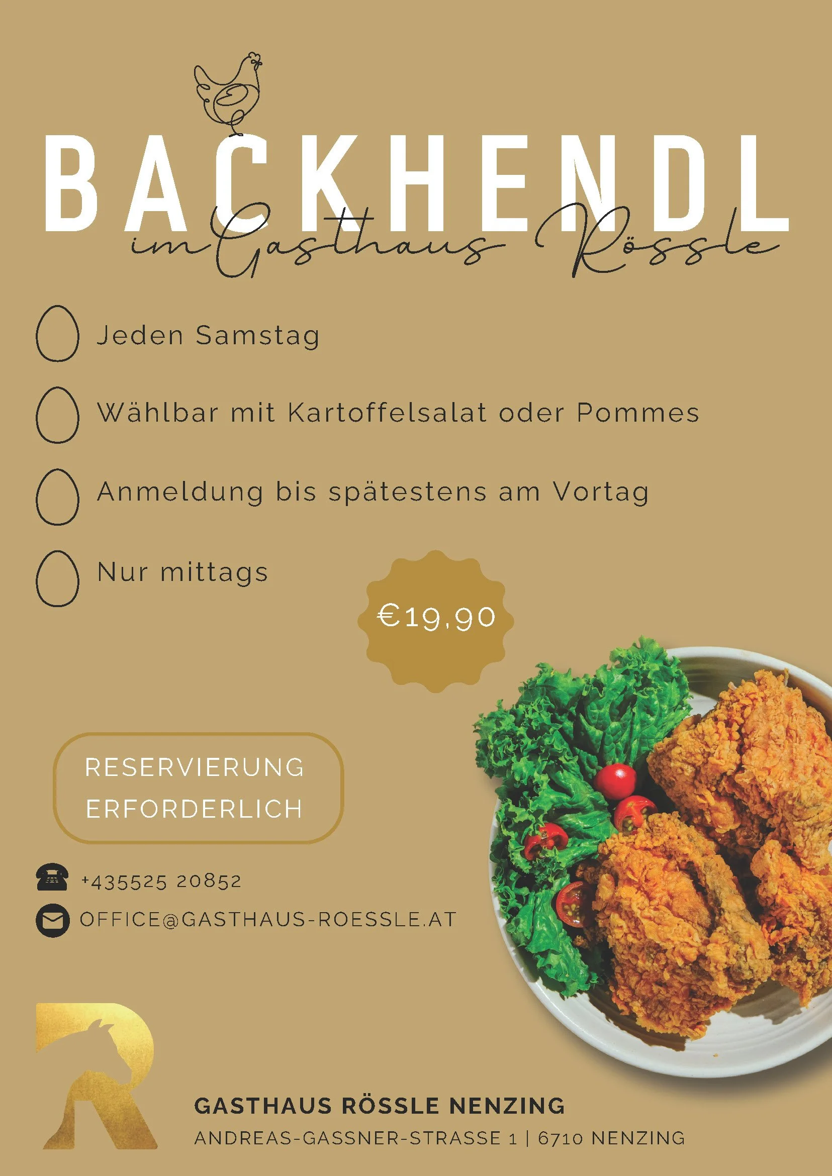 Flyer für Backhendln im Gasthaus Rössle in Nenzing. Enthält Details zu Kosten, Reservierung und Kontaktinformationen, mit einem Bild von gebratenem Hähnchen mit Salat.
