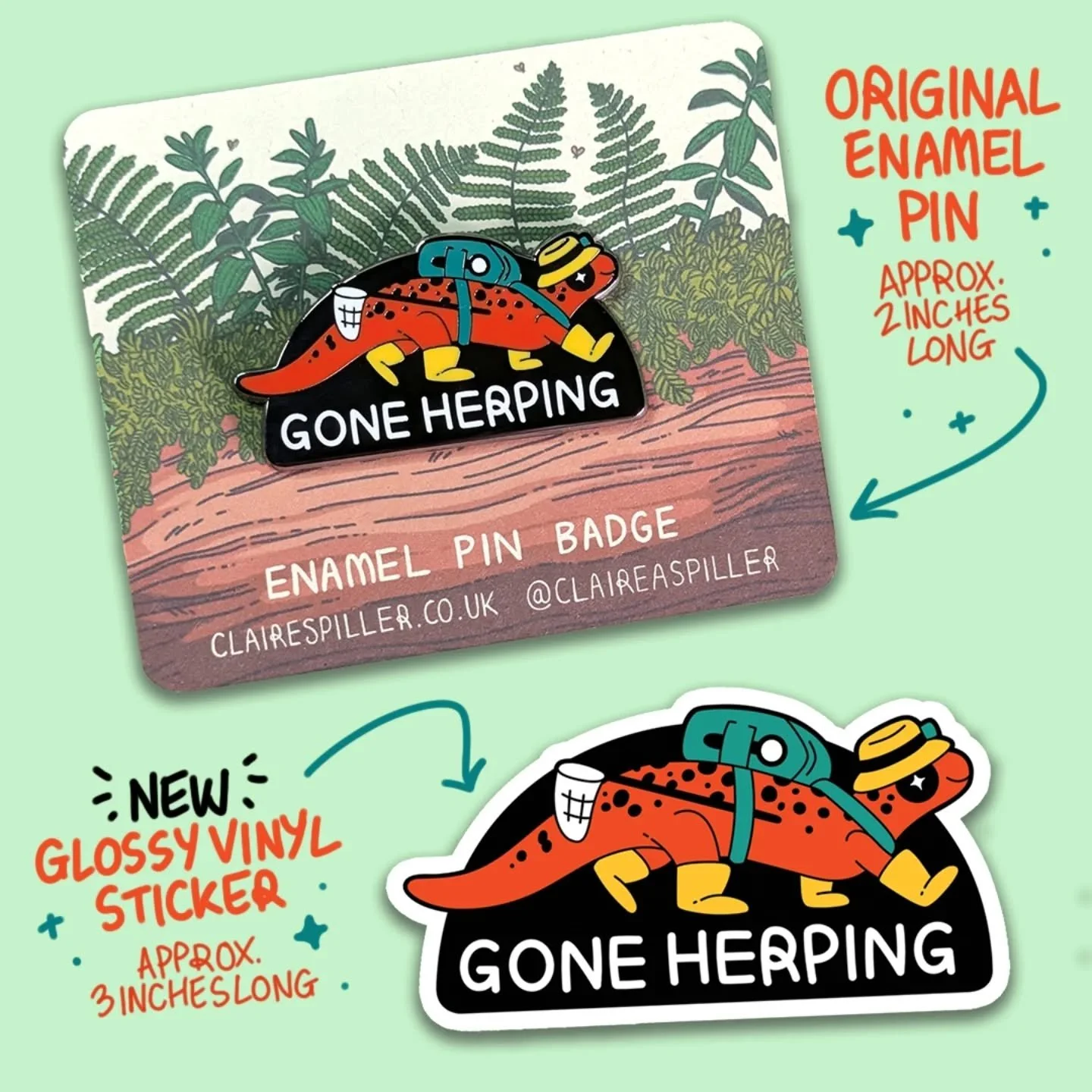 It's (almost) herping time! Don't forget to take little Jenny Salamander with you on your adventures - now available in sticker form! Add him to your collection via claireaspiller.com or my Etsy, links in my bio 💚

#herping #herpetology #salamander 