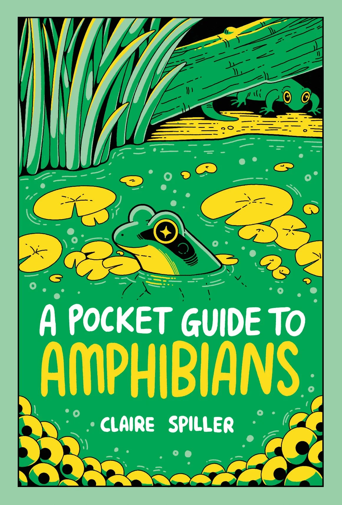 Illustration of a pond with green lily pads and tall grass. A frogis sitting among the lily pads. The book title, "A Pocket Guide to Amphibians," and the author's name, Claire Spiller, are displayed at the bottom.