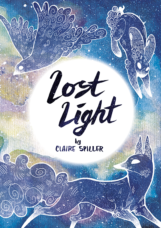 Book cover titled 'Lost Light' by Claire Spiller with illustrations of stylized animals and cosmic elements in a watercolor style.