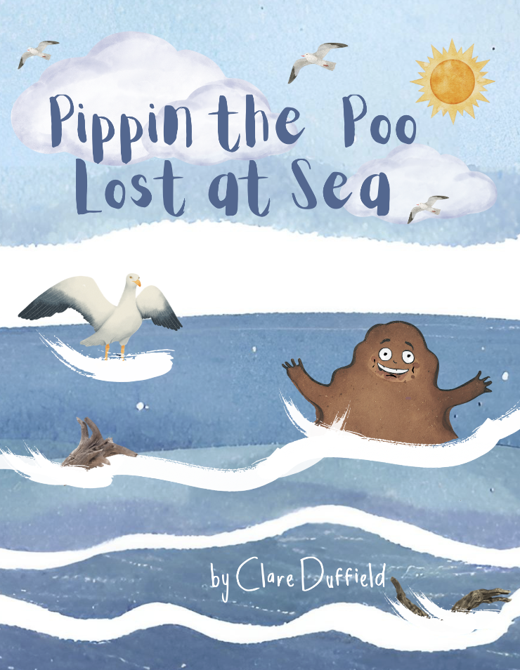 Children's book cover titled "Pippin the Poo Lost at Sea" by Clare Duffield. Illustration of a sea scene with waves, a smiling sea monster, a seagull, dolphins, a dolphin jumping out of the water, and flying seagulls under a partly cloudy sky with a bright sun.
