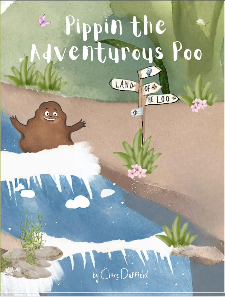 A colorful, illustrated children's book cover titled 'Pippin the Adventurous Poo,' featuring a smiling, happy brown poop character next to a small waterfall, lush green plants, pink flowers, and a signpost with arrows pointing to 'Land of the Loo' and 'Sea.'