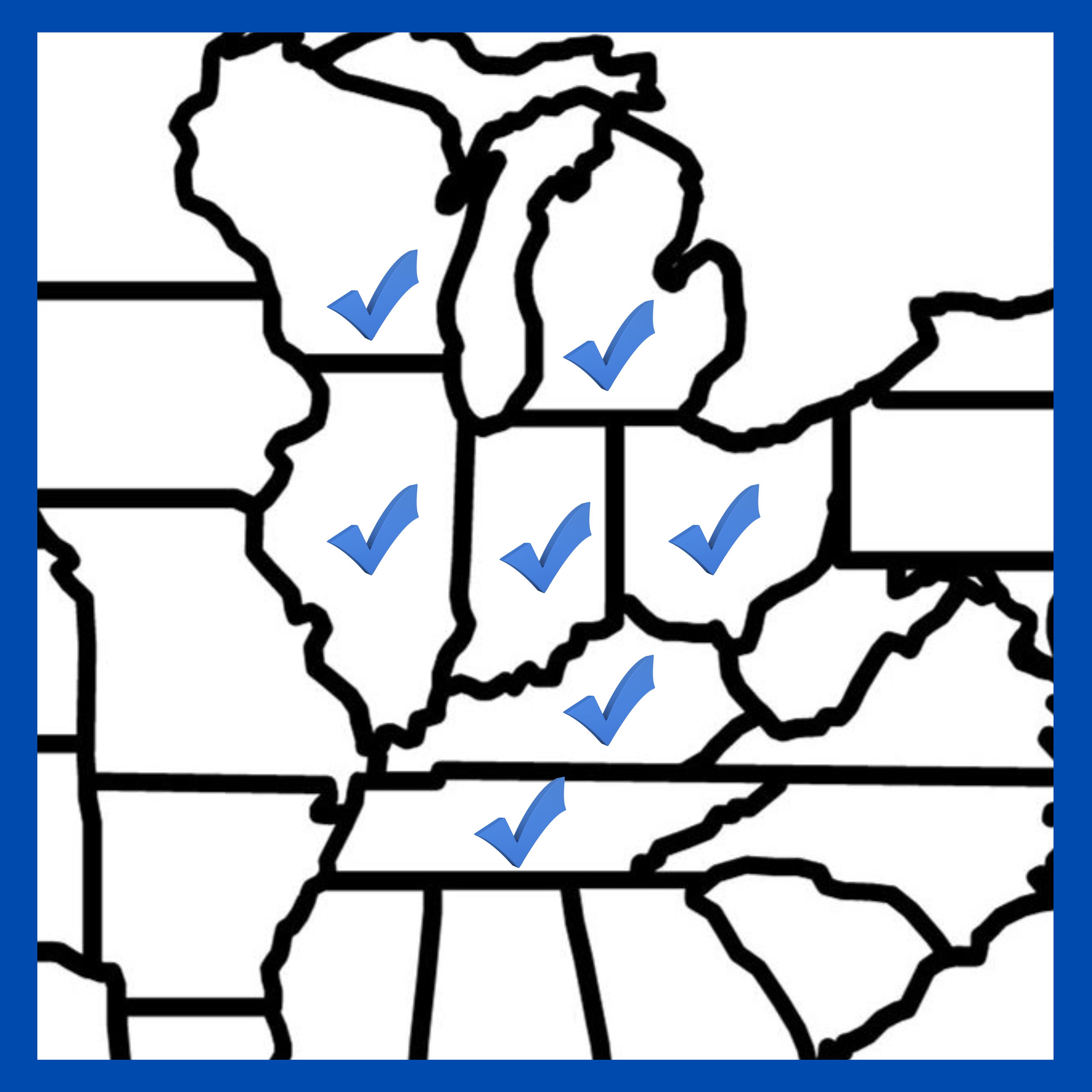 Map of the United States with uppercase state borders outlined in black, blue borders surrounding the entire map, and several states marked with blue checkmarks.