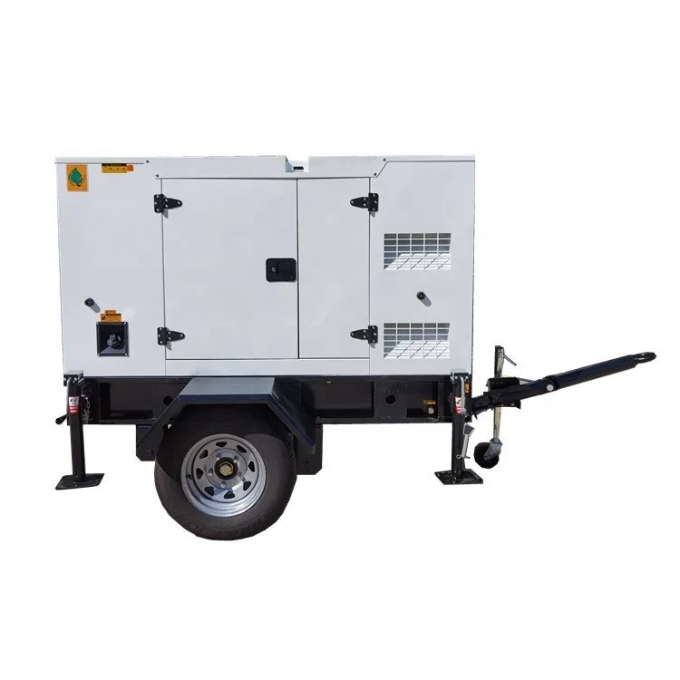 Portable generator on a trailer with wheels and handle for towing.
