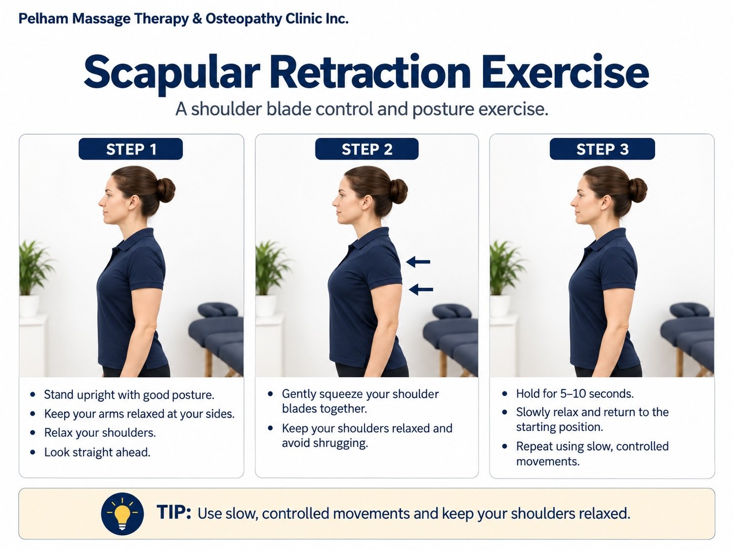 Woman demonstrating the three steps of a scapular retraction exercise by gently drawing the shoulder blades together while standing upright.