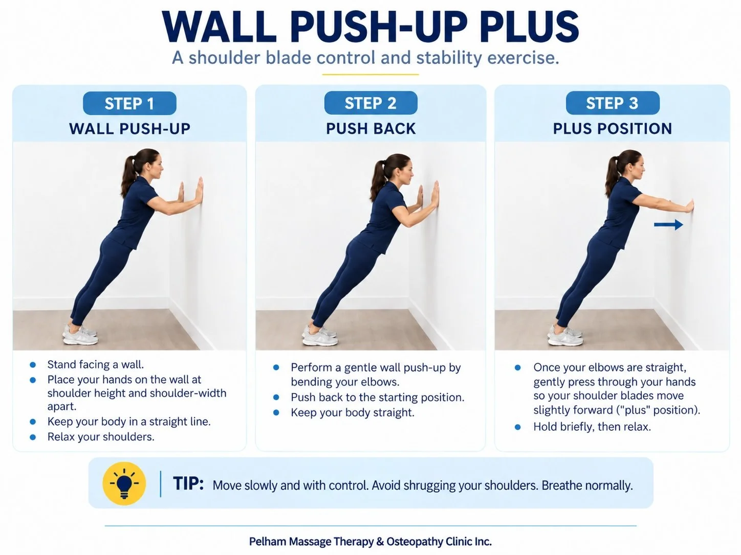 Woman demonstrating the three steps of a Wall Push-Up Plus exercise against a wall to support shoulder blade control and shoulder stability.