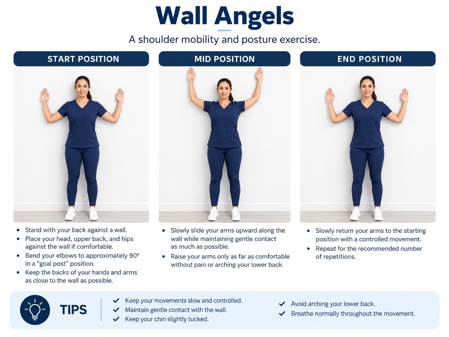 Woman demonstrating the start, mid, and end positions of the Wall Angels shoulder mobility and posture exercise against a wall.