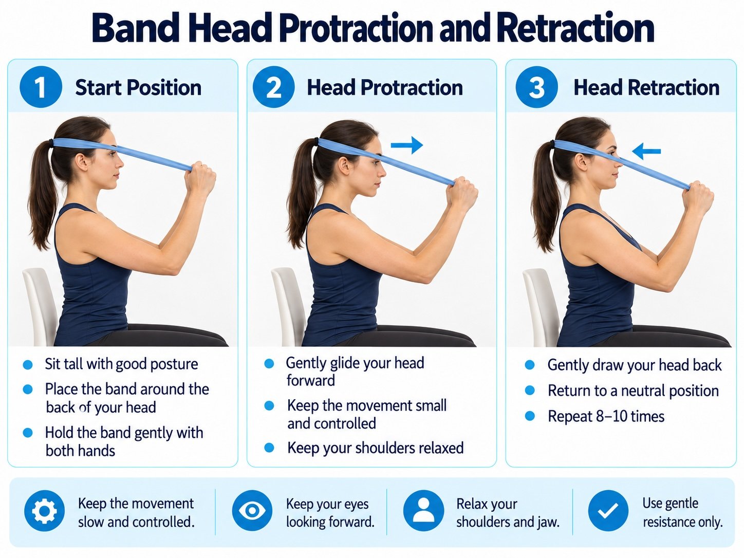 Woman seated upright on a chair demonstrating band-assisted head protraction and retraction with a blue resistance band positioned around the back of her head.