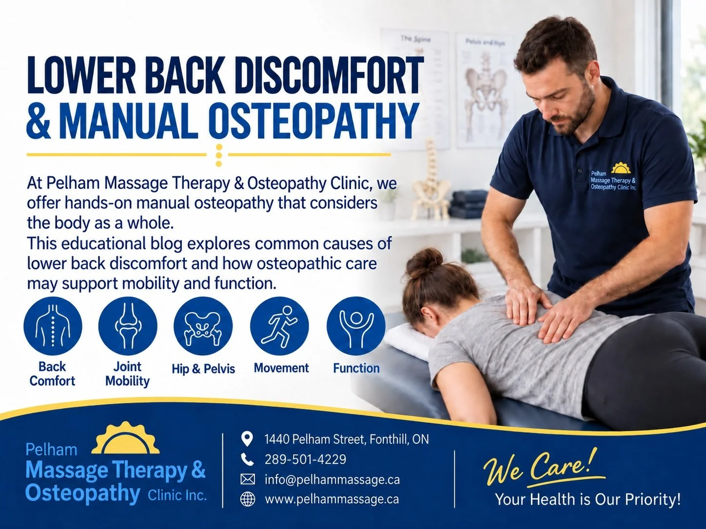 Manual osteopathy treatment for lower back discomfort at Pelham Massage Therapy & Osteopathy Clinic in Fonthill, Ontario, with educational information about mobility, joint movement, hips, pelvis, and function.