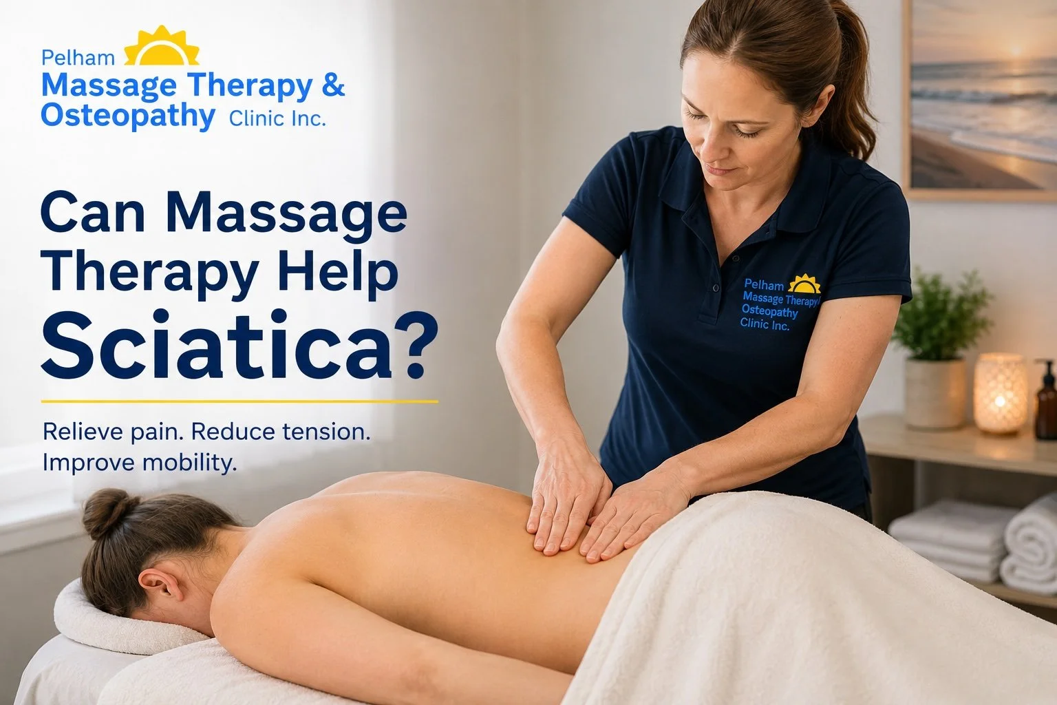 Massage therapist treating the lower back of a client with sciatica pain at Pelham Massage Therapy & Osteopathy Clinic in Fonthill.