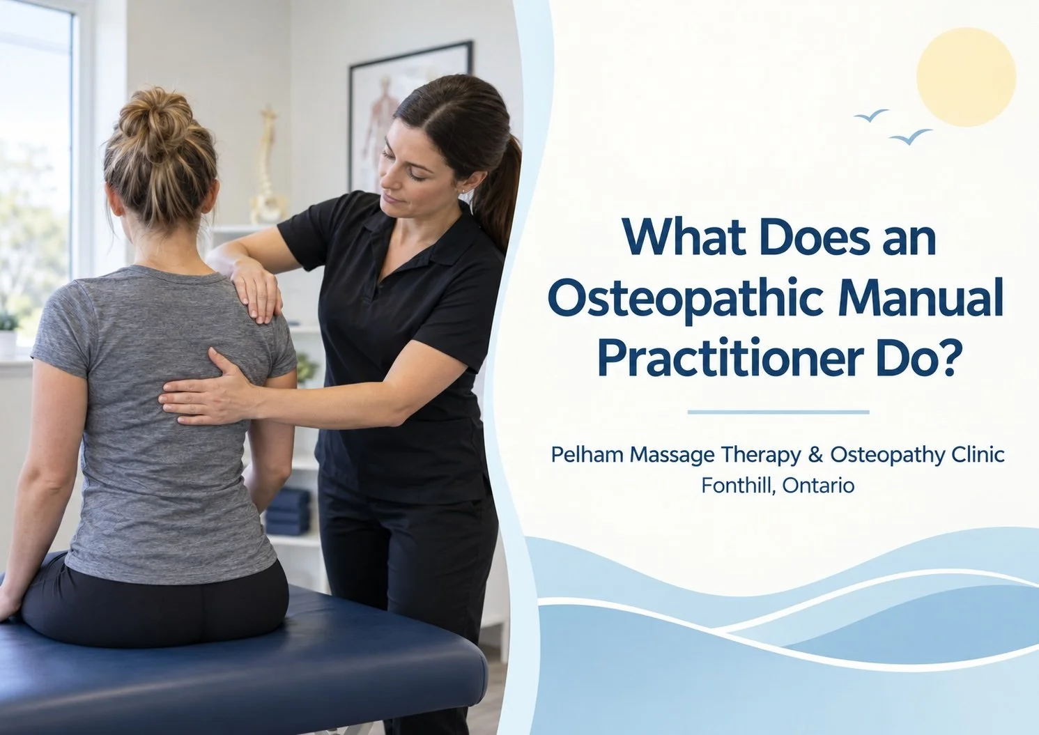 Female osteopathic manual practitioner assessing a seated patient’s shoulder and upper back at Pelham Massage Therapy & Osteopathy Clinic in Fonthill, Ontario.
