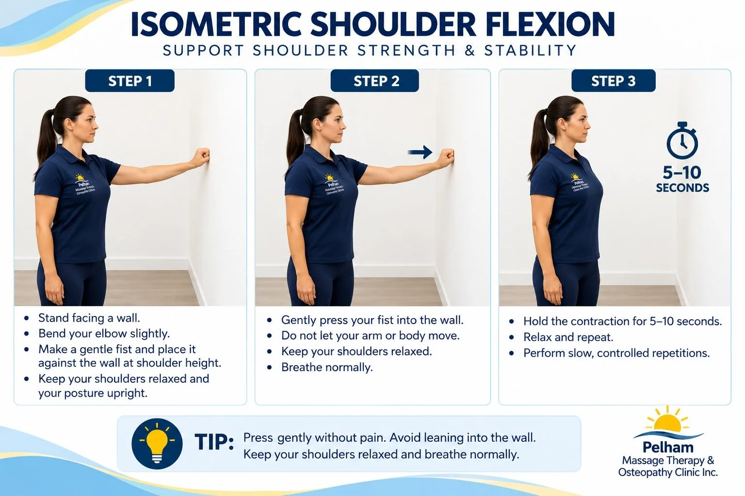 Woman demonstrating an Isometric Shoulder Flexion exercise by gently pressing her fist into a wall and holding the contraction for 5–10 seconds.