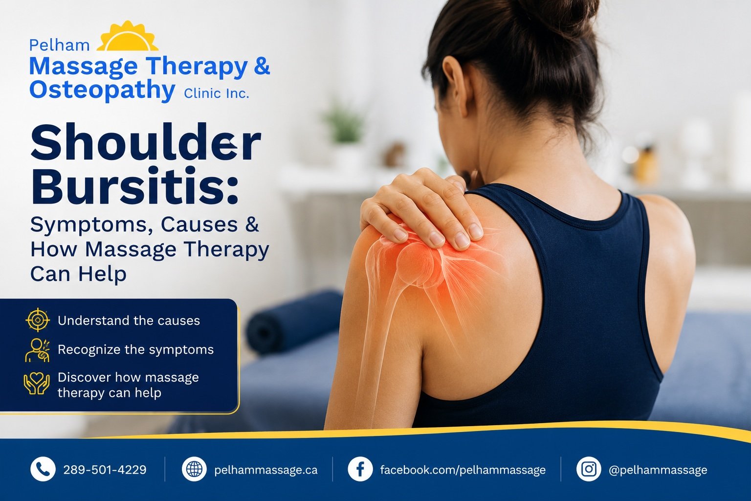 Woman holding her painful shoulder due to shoulder bursitis, illustrating common symptoms that may be relieved with massage therapy at Pelham Massage Therapy & Osteopathy Clinic in Fonthill.