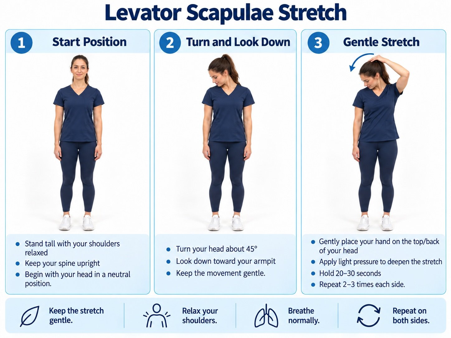 Woman demonstrating a levator scapulae stretch by turning her head and looking down while gently guiding the head with one hand.