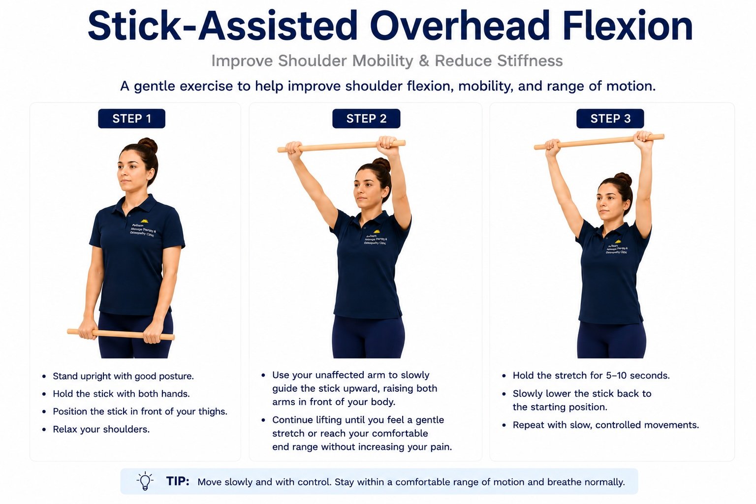 Stick-Assisted Overhead Flexion exercise at Pelham Massage Therapy & Osteopathy Clinic in Fonthill, Ontario to improve shoulder mobility, increase overhead range of motion, and support frozen shoulder rehabilitation.