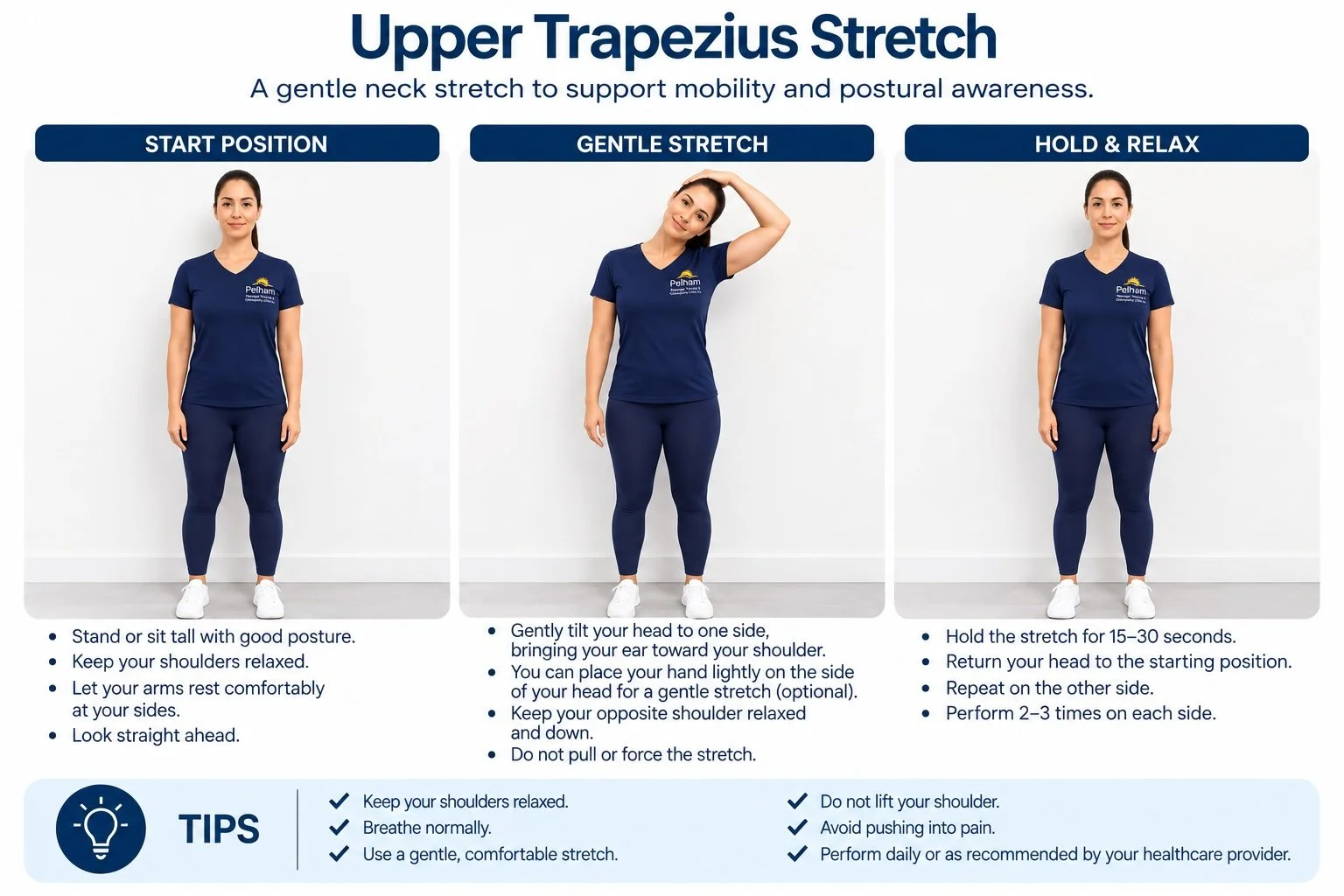 Woman demonstrating an upper trapezius stretch in three steps, showing the starting position, gentle side neck stretch, and return to neutral posture.