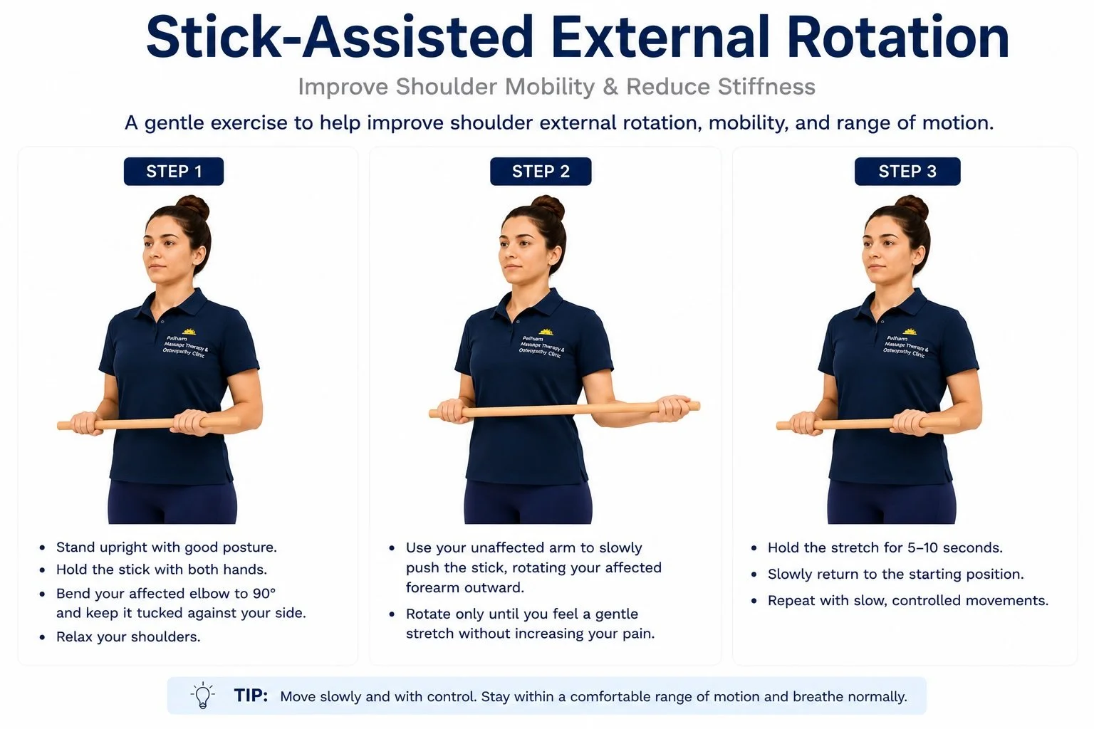 Stick-Assisted External Rotation exercise to improve shoulder mobility, reduce stiffness, and support frozen shoulder rehabilitation.