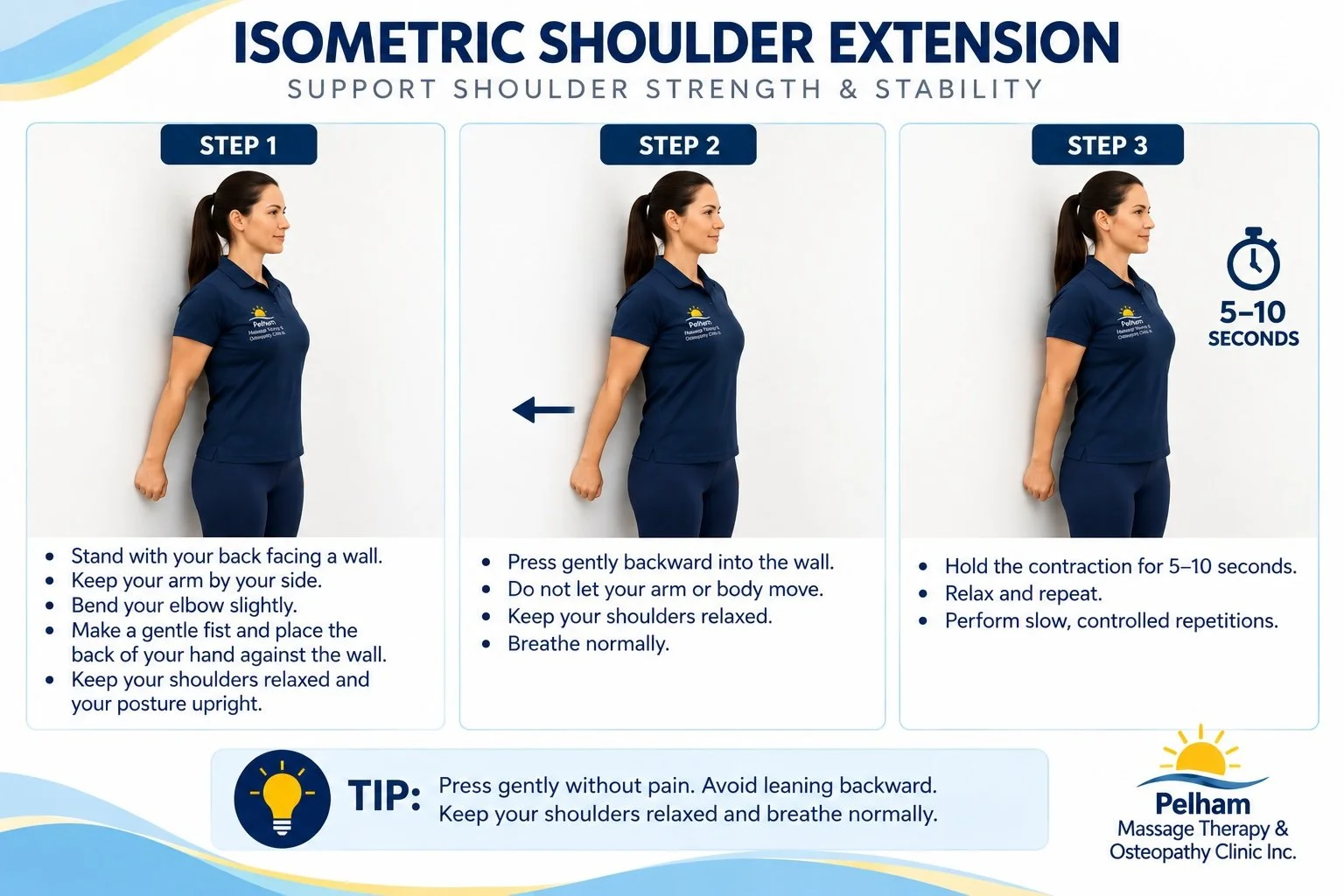 Woman demonstrating an Isometric Shoulder Extension exercise by gently pressing the back of her hand into a wall and holding the contraction for 5–10 seconds.