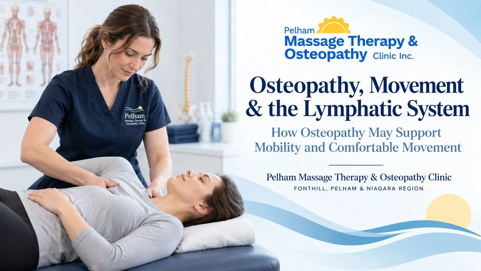 Osteopathic Manual Practitioner providing gentle treatment to a clothed client at Pelham Massage Therapy & Osteopathy Clinic in Fonthill, Pelham.
