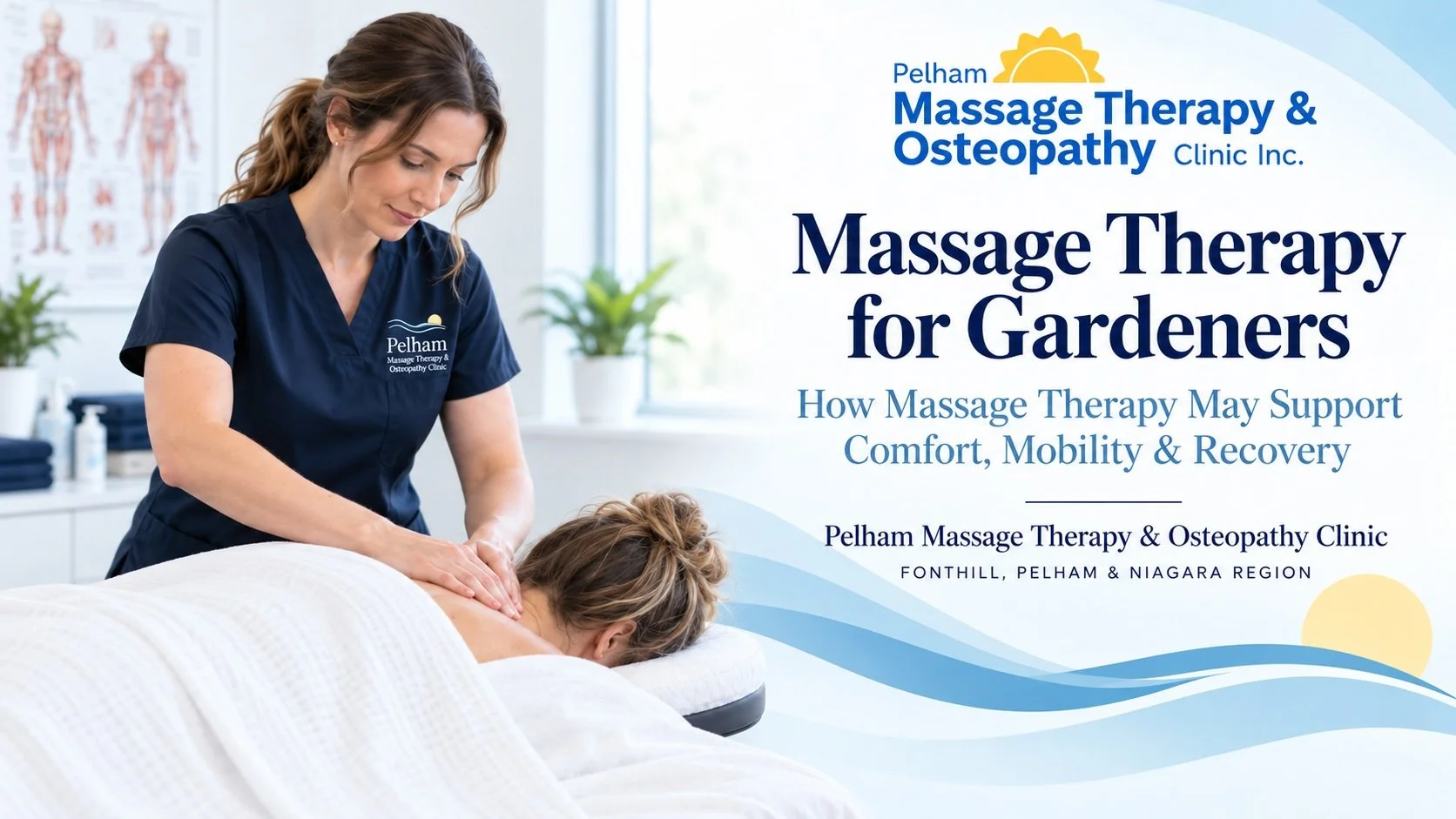 Registered Massage Therapist providing neck and shoulder massage to a client at Pelham Massage Therapy & Osteopathy Clinic in Fonthill, Pelham.