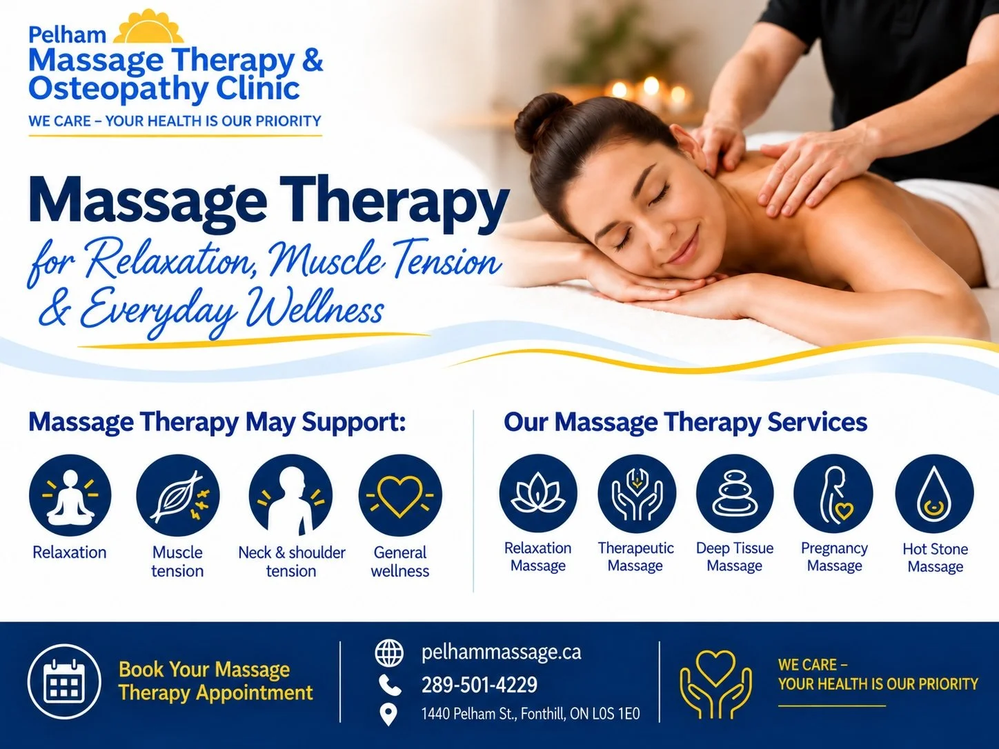 Massage Therapy for relaxation, muscle tension, and everyday wellness at Pelham Massage Therapy & Osteopathy Clinic in Fonthill, Ontario, featuring a client receiving massage treatment from a Registered Massage Therapist.