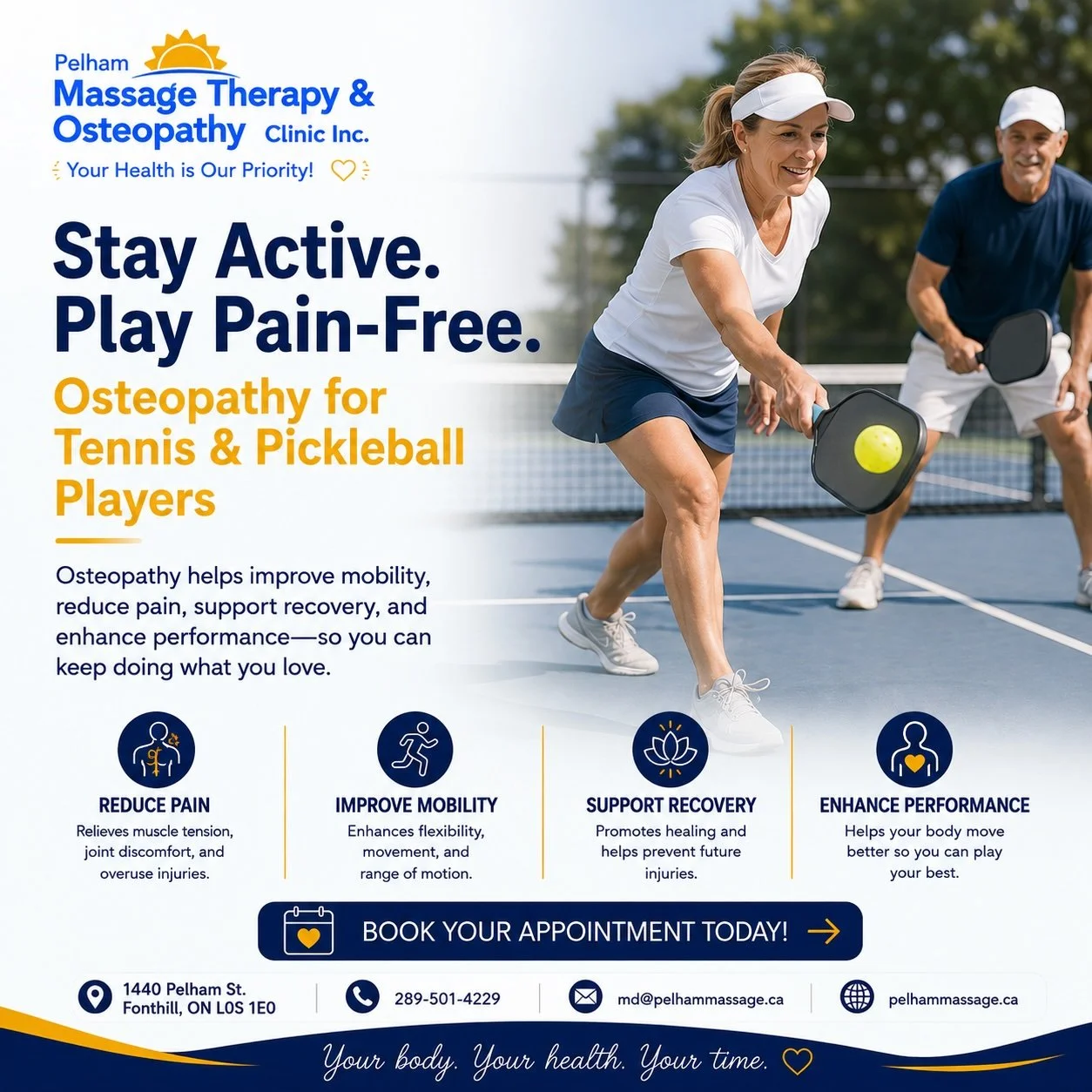Osteopathy for tennis and pickleball players at Pelham Massage Therapy & Osteopathy Clinic in Fonthill. Learn how osteopathy may help reduce pain, improve mobility, support recovery, and enhance performance.